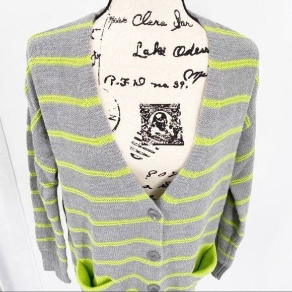 LUSH Button Front Gray & Lime Green Striped Cardigan Sweater with Pocket Small - Picture 3 of 8